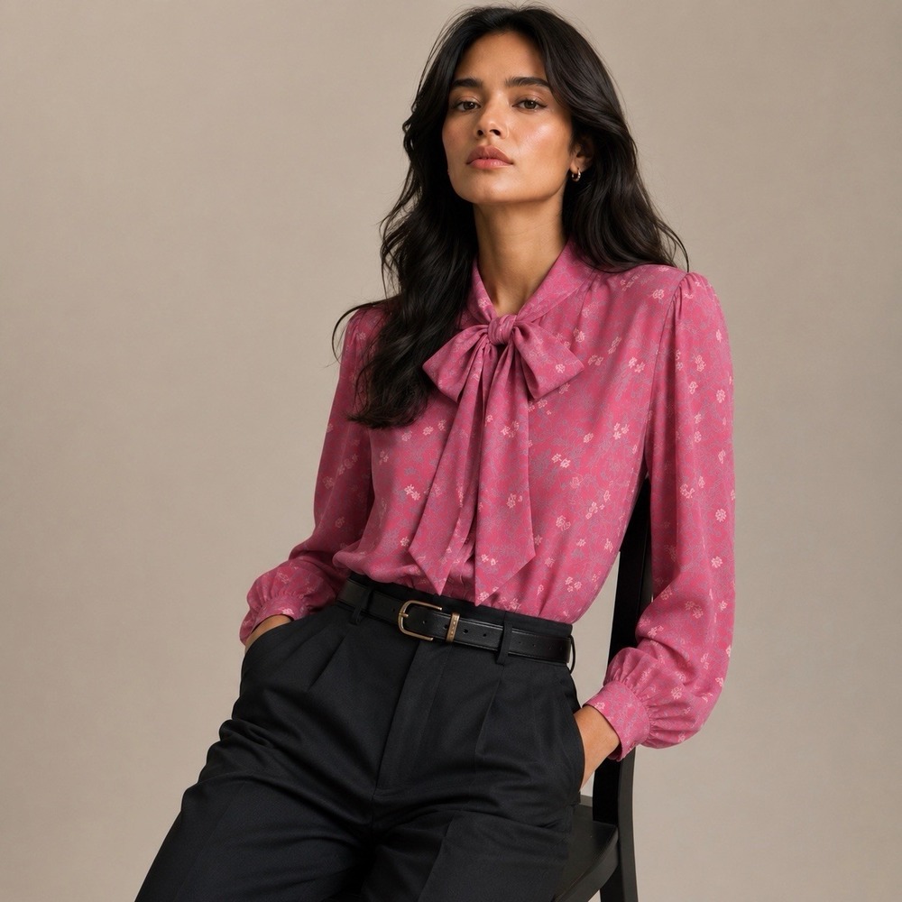 Vintage Pendleton top 80s Country Sophisticates secretary blouse pussycat bow 12